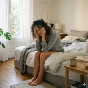 Femme fatiguée le matin malgré une nuit de sommeil, assise au bord du lit, lumière naturelle douce