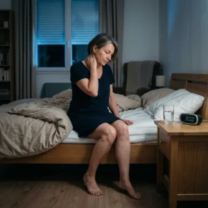 Femme de cinquante ans réveillée la nuit au bord de son lit, illustrant les bouffées de chaleur nocturnes de la ménopause